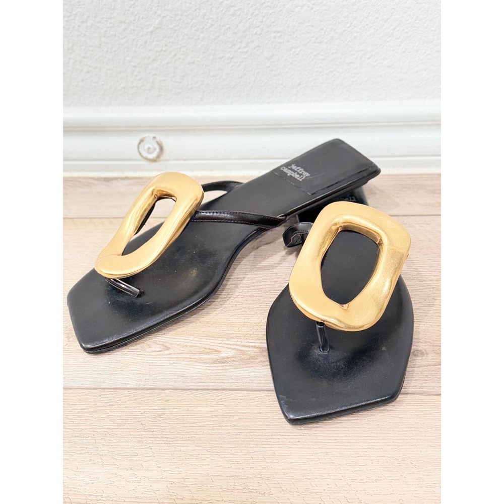 Jeffrey Campbell Black Leather Thong Sandals Gold Buckle Square Toe Slides 8